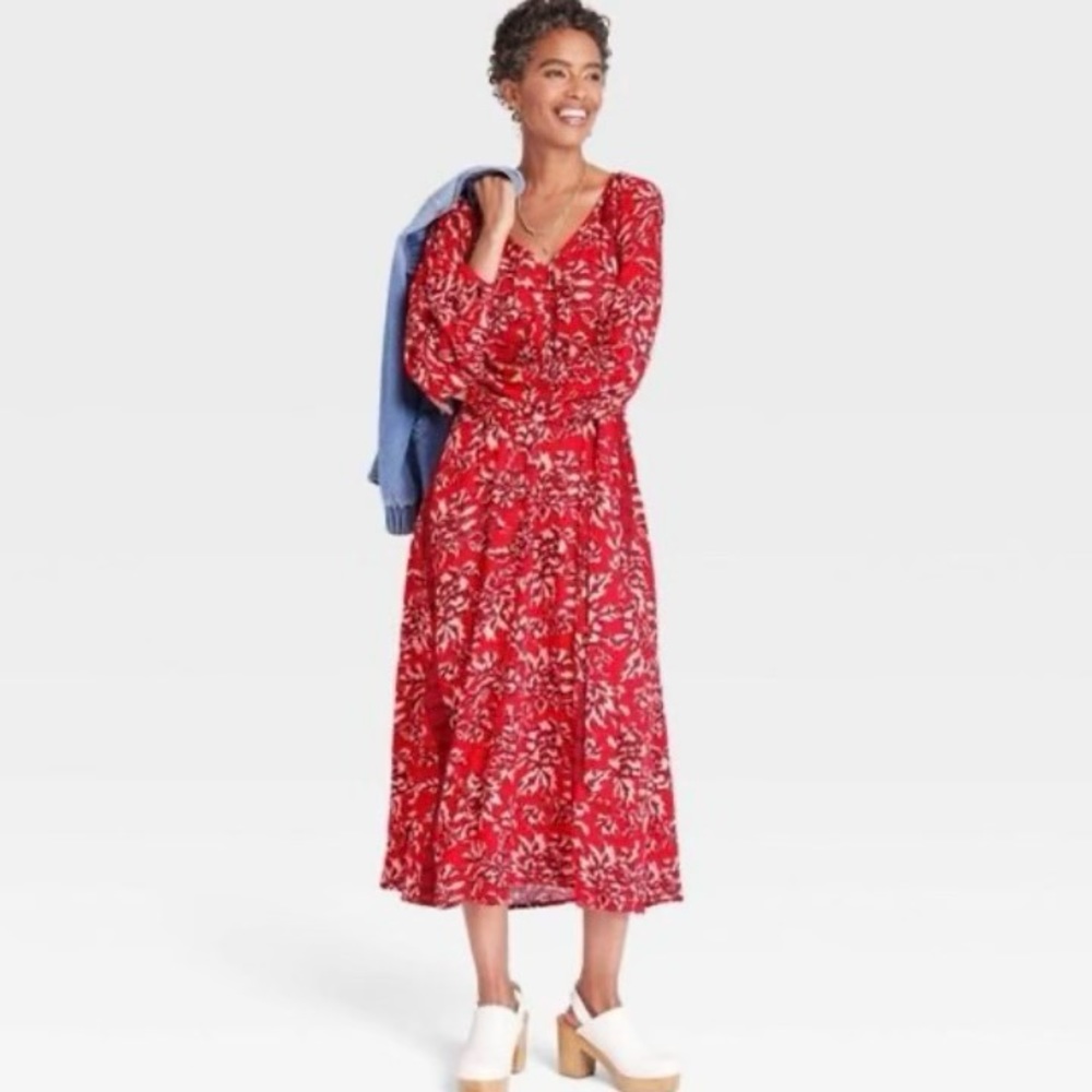 Knox Rose Large Maxi Long Dress Red Floral Modest Long Sleeve Prairie Cottage